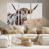 70414966-MGV-CV-36X24-Texas Longhorn Wall Art Canvas Print, Framed Speckled Cow Art Picture Print, Horned Bull Perfect Rustic Western Decor Artwork