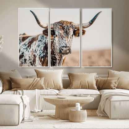 70414966-MGV-CV-36X24-Texas Longhorn Wall Art Canvas Print, Framed Speckled Cow Art Picture Print, Horned Bull Perfect Rustic Western Decor Artwork