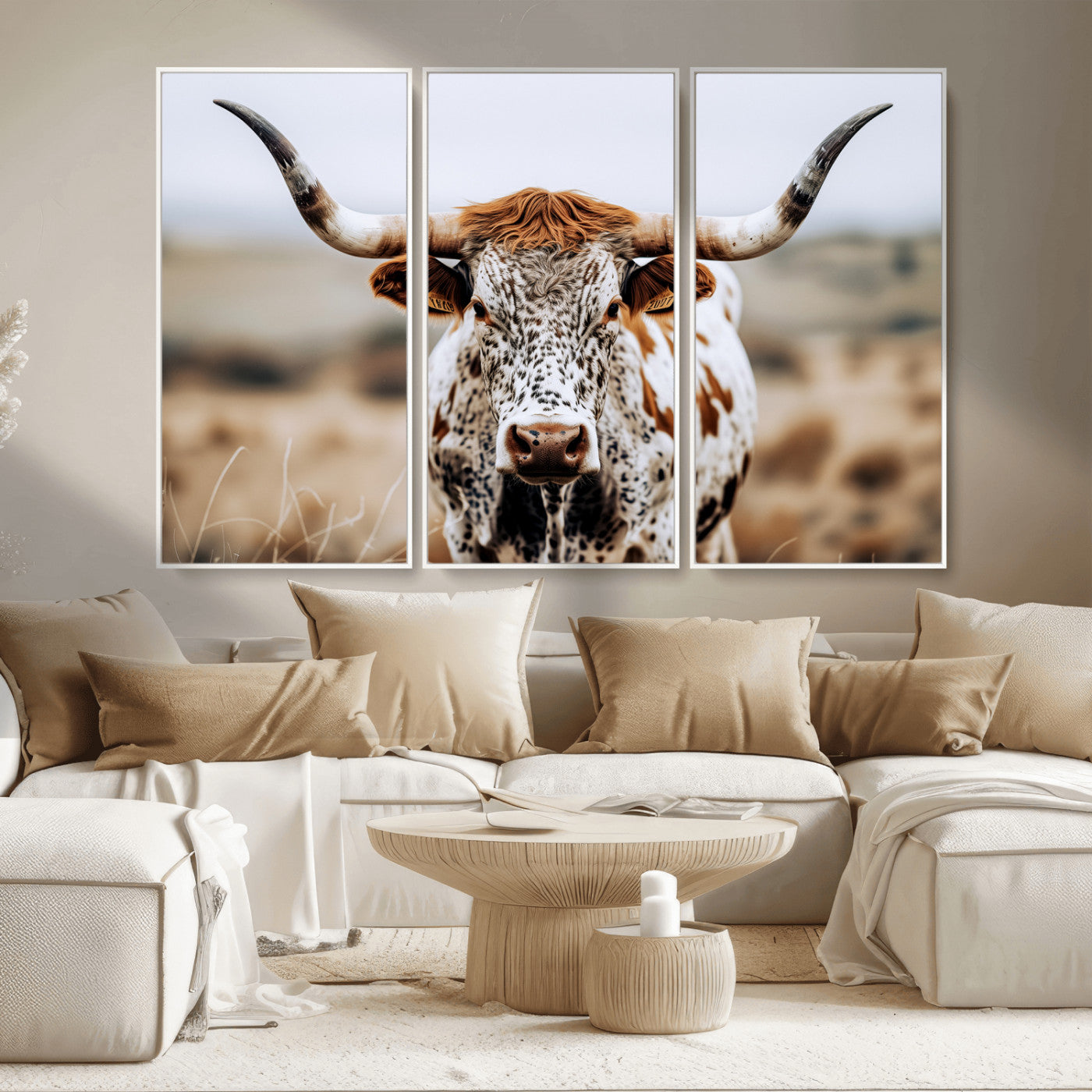 76294381-MGV-FC-48X32-3P_White-Texas Longhorn Wall Art Canvas Print, Framed Spotted Cow Art Picture Print, Horned Cattle Perfect Rustic Western Decor Artwork