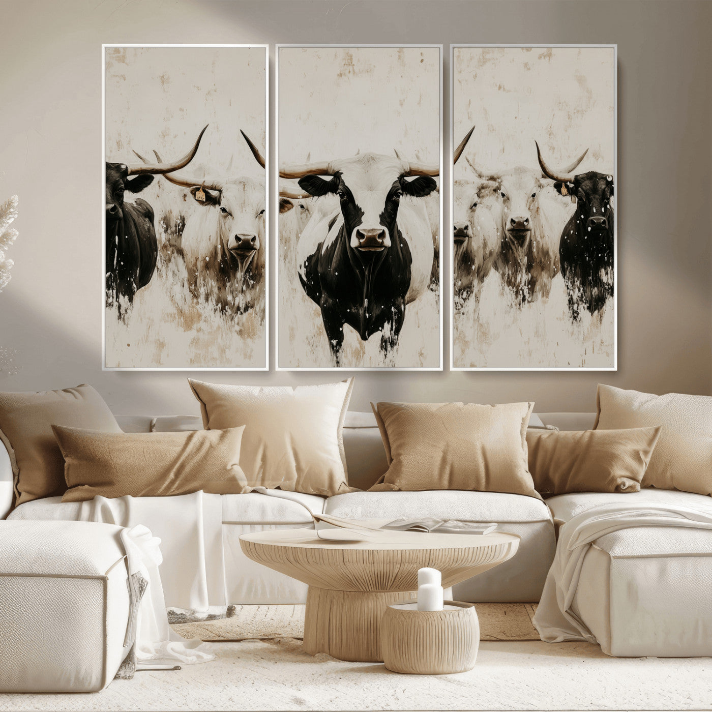 12027562-MGV-CV-36X24-Longhorn Cattle Wall Art Canvas Print, Framed Bison Herd Art Picture Print, Cattle Group Perfect Rustic Farmhouse Decor Artwork