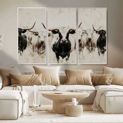 12027562-MGV-CV-36X24-Longhorn Cattle Wall Art Canvas Print, Framed Bison Herd Art Picture Print, Cattle Group Perfect Rustic Farmhouse Decor Artwork