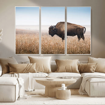 91267849-MGV-CV-36X24-Wild Bison Wall Art Canvas Print, Framed Bison in Prairie Art Picture Print, Rustic Western Perfect Rustic Western Decor Artwork