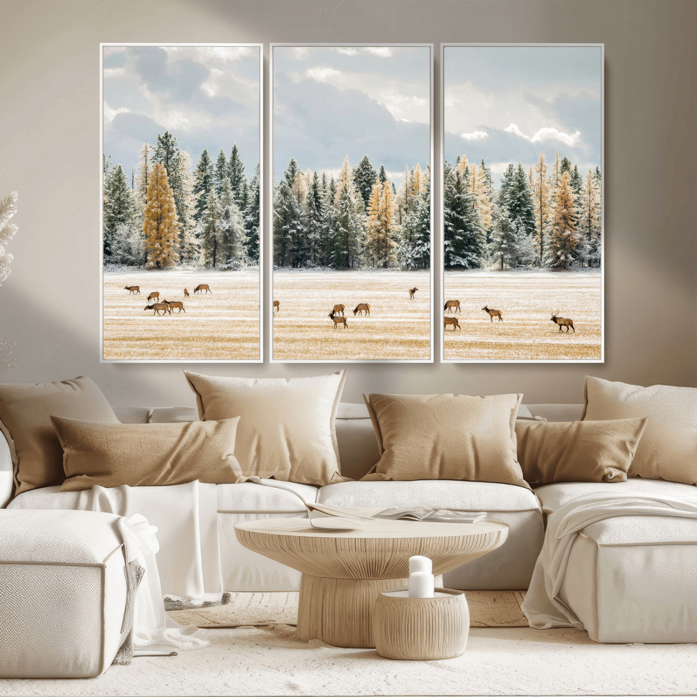 64188182-MGV-CV-36X24-Elk Herd Wall Art Canvas Print, Framed Snowy Forest Art Picture Print, Forest Elks Perfect Neutral Rustic Decor Artwork