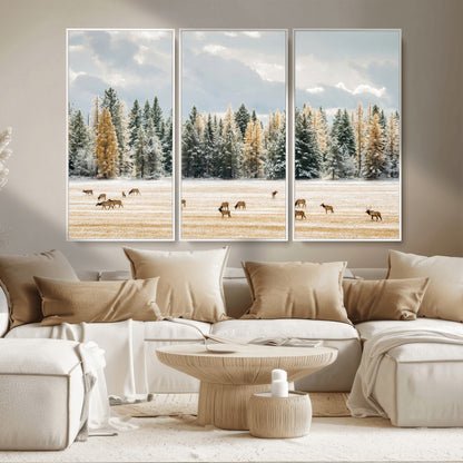 64188182-MGV-CV-36X24-Elk Herd Wall Art Canvas Print, Framed Snowy Forest Art Picture Print, Forest Elks Perfect Neutral Rustic Decor Artwork