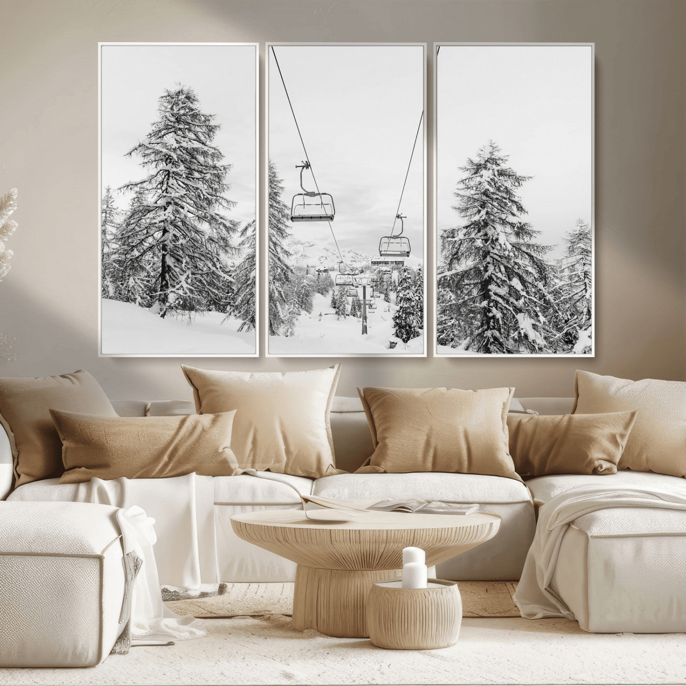 55003599-MGV-CV-36X24-Snowy Ski Lift Wall Art Canvas Print, Framed Winter Forest Art Picture Print, Ski lift Ride Perfect Winter Lodge Decor Artwork