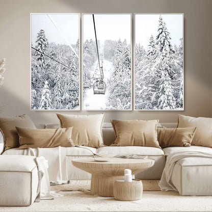 60296839-MGV-FC-48X32-3P_White-Snowy Mountains Wall Art Canvas Print, Framed Ski Lift Art Picture Print, Winter Forest Perfect Winter Minimalist Decor Artwork