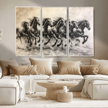 56089591-MGV-CV-36X24-Galloping Horses Wall Art Canvas Print, Framed Wild Stallions Art Picture Print, Horse Herd Sketch Perfect Monochrome Dynamic