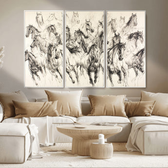 19433417-MGV-CV-36X24-Running Horses Wall Art Canvas Print, Framed Horse Sketch Art Picture Print, Galloping Herd Perfect Monochrome Western Decor