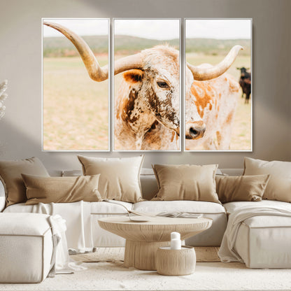 21060648-MGV-CV-36X24-Texas Longhorn Wall Art Canvas Print, Framed Speckled Cow Art Picture Print, Rustic Bull Perfect Rustic Western Decor Artwork