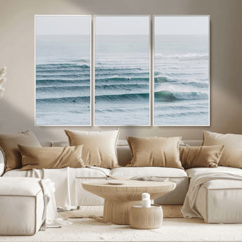 73969318-MGV-CV-36X24-Ocean Waves Wall Art Canvas Print, Framed Surfer Lineup Art Picture Print, Crowded Ocean Perfect Minimal Coastal Decor Artwork