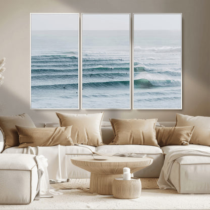 73969318-MGV-CV-36X24-Ocean Waves Wall Art Canvas Print, Framed Surfer Lineup Art Picture Print, Crowded Ocean Perfect Minimal Coastal Decor Artwork