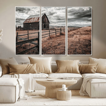 73898372-MGV-CV-36X24-Rustic Barn Wall Art Canvas Print, Framed Moody Field Art Picture Print, Weathered Fence Perfect Moody Farmhouse Decor Artwork