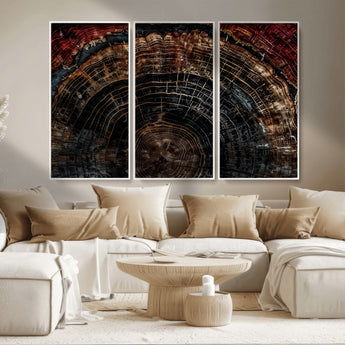 43686762-MGV-CV-36X24-Dark Wood Ring Wall Art Canvas Print, Framed Abstract Wood Tree Art Picture Print, Rustic Tree Slice Perfect Rustic Decor Artwork