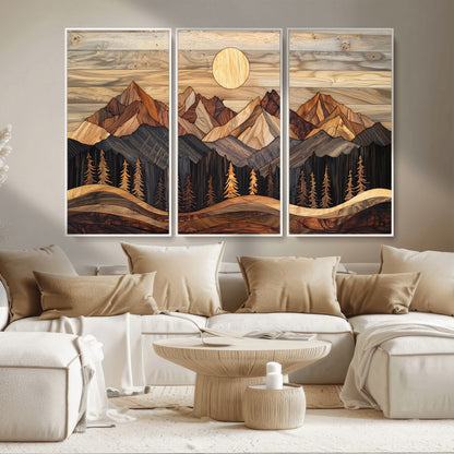 50100230-MGV-CV-36X24-Wooden Mountain Wall Art – Rustic Nature Landscape Canvas Print, Handmade Style Sun, Forest, and Peaks Artwork for Living Room,