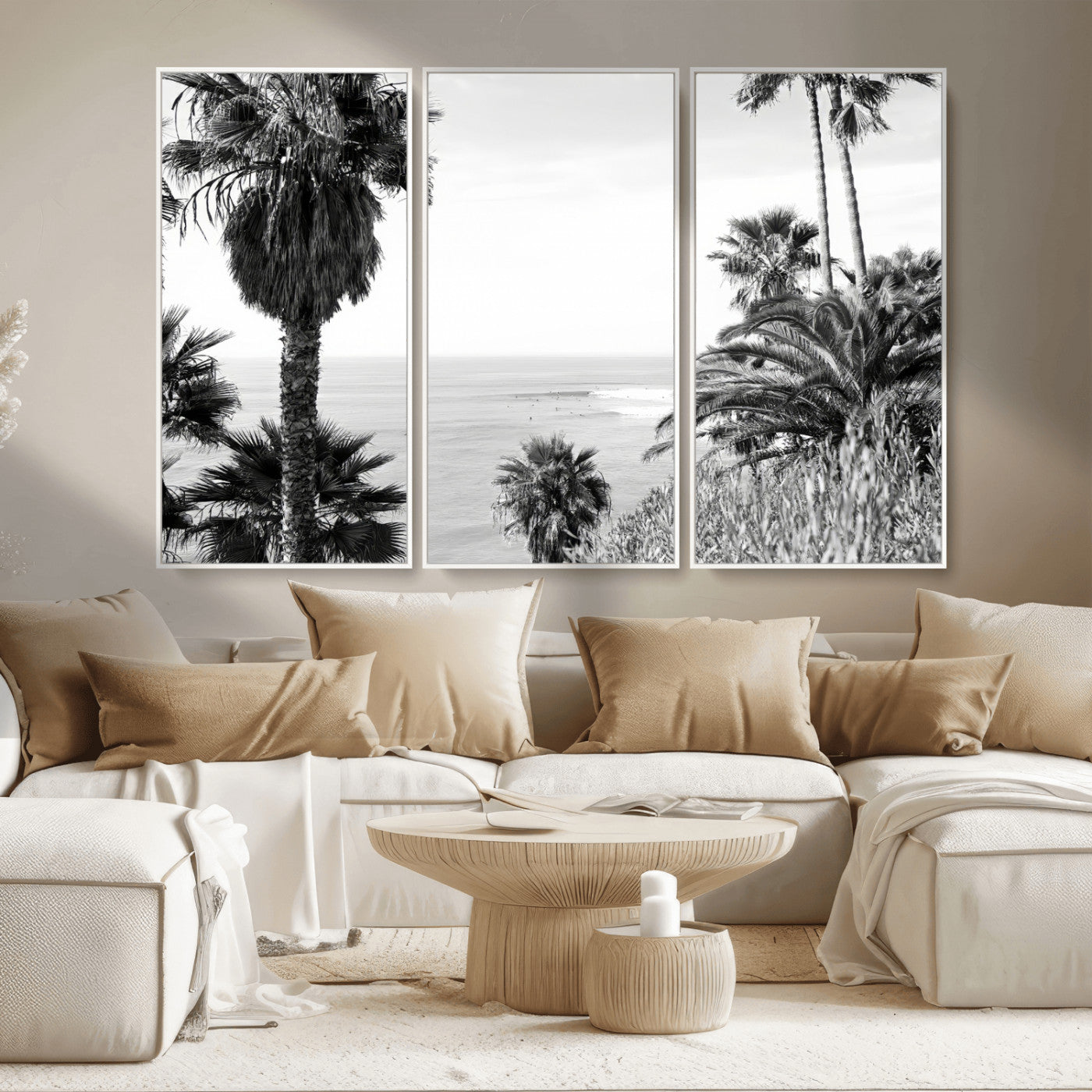89458520-MGV-CV-36X24-Palm Trees Wall Art Canvas Print, Framed Coastal View Art Picture Print, Ocean Horizon Perfect Monochrome Coast Decor Artwork