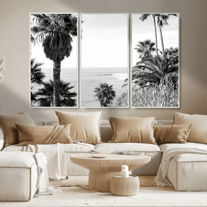 89458520-MGV-CV-36X24-Palm Trees Wall Art Canvas Print, Framed Coastal View Art Picture Print, Ocean Horizon Perfect Monochrome Coast Decor Artwork