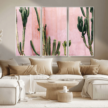 93119502-MGV-FC-48X32-3P_White-Tall Cactus Wall Art Canvas Print, Framed Pink Wall Art Picture Print, Cactus Lines Perfect Modern Desert Decor Artwork