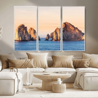 72996116-MGV-CV-36X24-El Arco Wall Art Canvas Print, Framed Cabo Rocks Art Picture Print, Ocean Arch Perfect Golden Coastal Landmark Decor Artwork