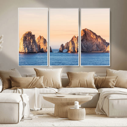 72996116-MGV-CV-36X24-El Arco Wall Art Canvas Print, Framed Cabo Rocks Art Picture Print, Ocean Arch Perfect Golden Coastal Landmark Decor Artwork