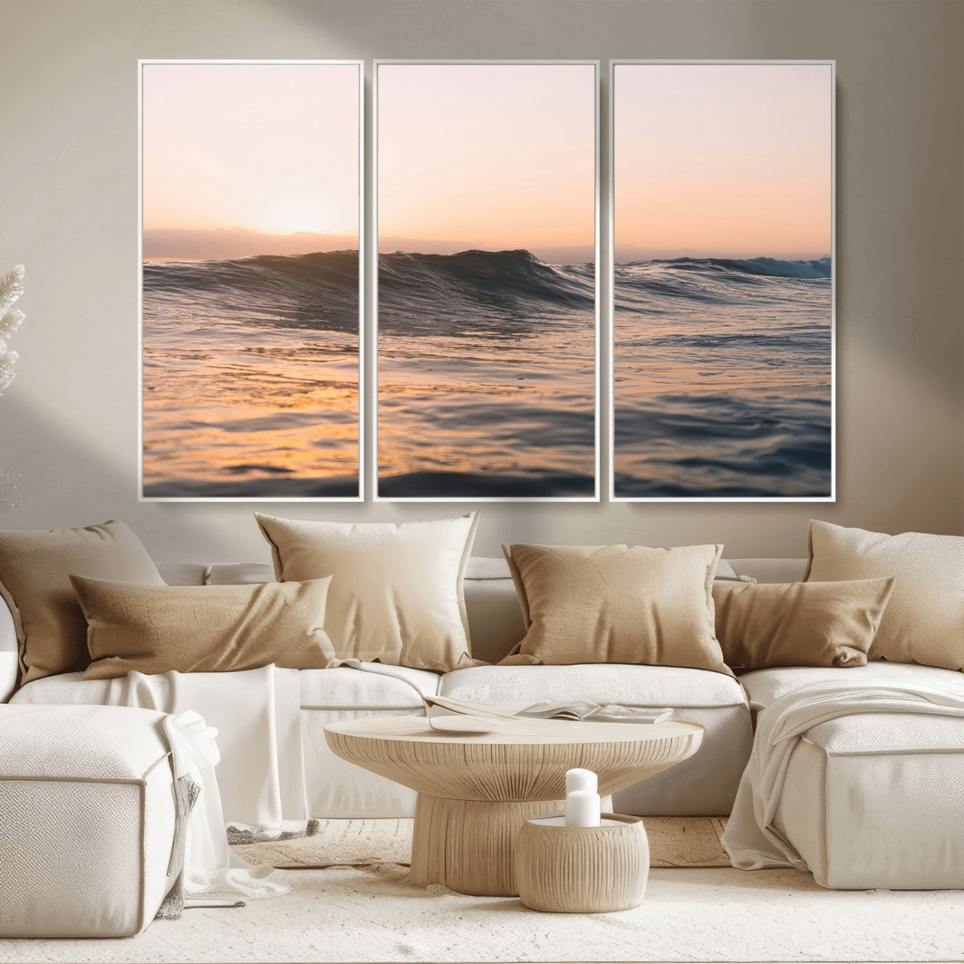 46299358-MGV-CV-36X24-Sunset Waves Wall Art Canvas Print, Framed Ocean Horizon Art Picture Print, Golden Water Perfect Golden Hour Coastal Decor Artwork