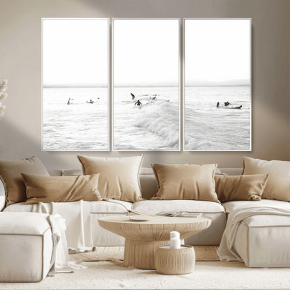 33449548-MGV-CV-36X24-Group Surfers Wall Art Canvas Print, Framed Ocean Wave Art Picture Print, Surf Crowd Perfect Monochrome Surf Decor Artwork