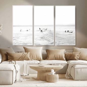 33449548-MGV-CV-36X24-Group Surfers Wall Art Canvas Print, Framed Ocean Wave Art Picture Print, Surf Crowd Perfect Monochrome Surf Decor Artwork