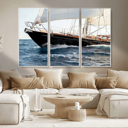 97168626-MGV-CV-36X24-Sailing Yacht Wall Art Canvas Print, Framed Wooden Yacht Art Picture Print, Ocean Waves Perfect Nautical Coastal Decor Artwork