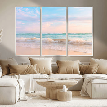 74679437-MGV-CV-36X24-Pastel Ocean Wall Art Canvas Print, Framed Beach Waves Art Picture Print, Soft Sunset Perfect Pastel Coastal Decor Artwork