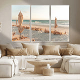 58507949-MGV-CV-36X24-Beach Umbrellas Wall Art Canvas Print, Framed Empty Loungers Art Picture Print, Soft Sand Perfect Minimalist Seaside Decor Artwork