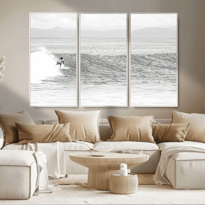 81535128-MGV-CV-36X24-Surfer Woman Wall Art Canvas Print, Framed Black Ocean Art Picture Print, Ocean Surfing Perfect Monochrome Coastal Decor Artwork