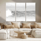 81535128-MGV-CV-36X24-Surfer Woman Wall Art Canvas Print, Framed Black Ocean Art Picture Print, Ocean Surfing Perfect Monochrome Coastal Decor Artwork