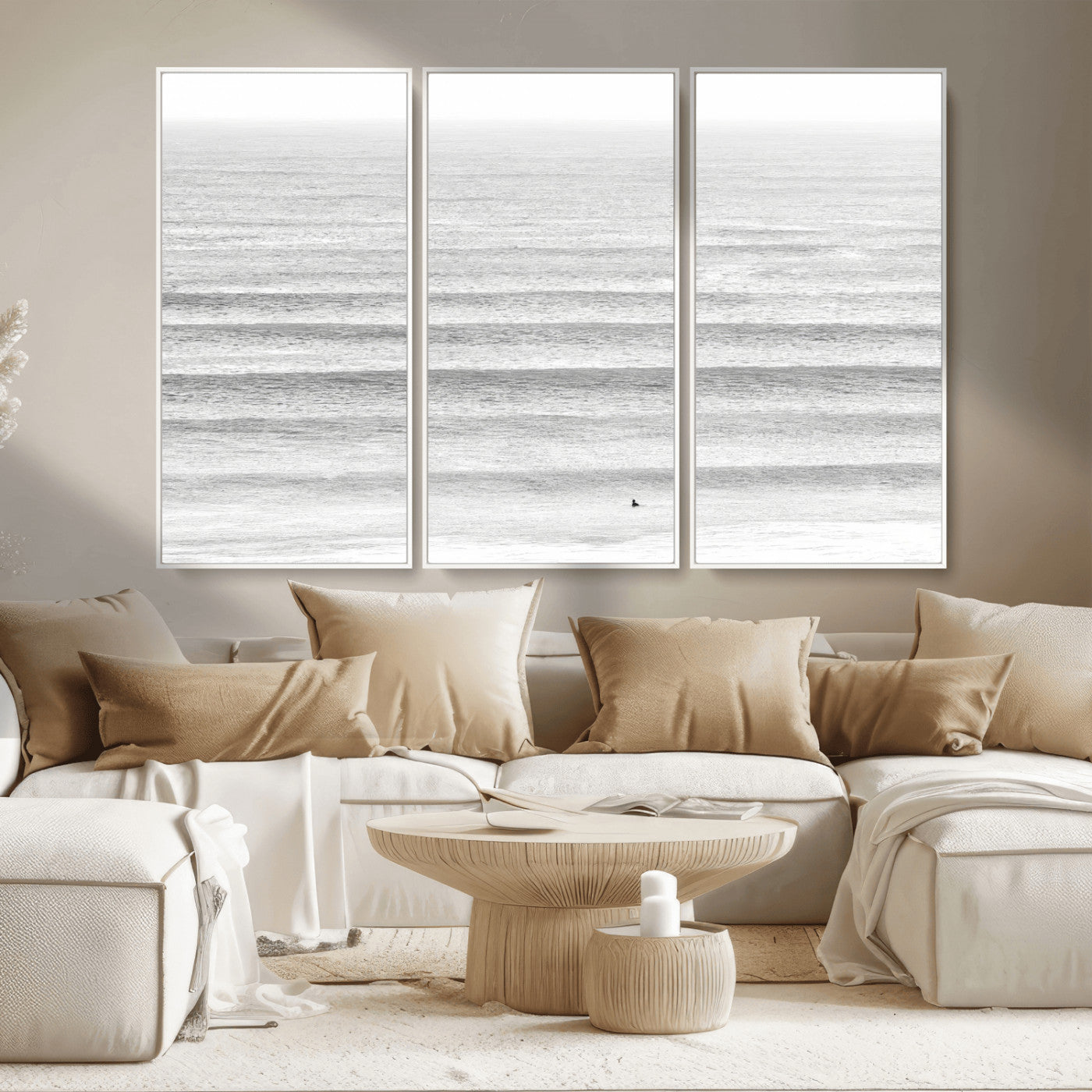 66534476-MGV-CV-36X24-Lone Surfer Wall Art Canvas Print, Framed Ocean Waves Art Picture Print, Minimal Sea Perfect Minimal Coastal Decor Artwork