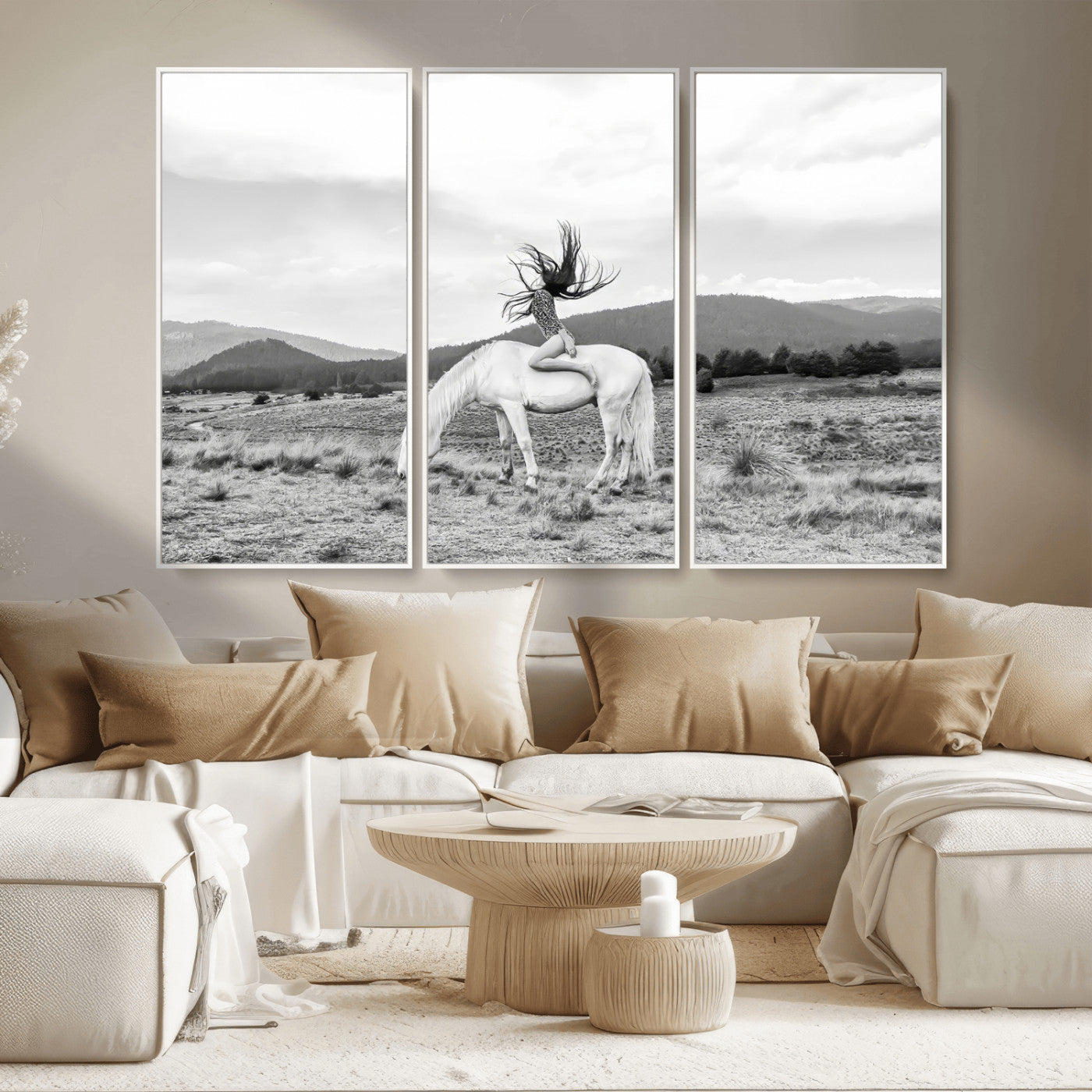 62789800-MGV-CV-36X24-White Horse Wall Art Canvas Print, Framed Woman Rider Art Picture Print, Equestrian Pose Perfect Western Boho Decor Artwork