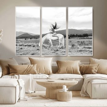 62789800-MGV-CV-36X24-White Horse Wall Art Canvas Print, Framed Woman Rider Art Picture Print, Equestrian Pose Perfect Western Boho Decor Artwork