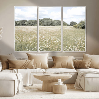 43258946-MGV-CV-36X24-Daisy Field Wall Art Canvas Print, Framed Pastel Flower Art Picture Print, Meadow Bloom Perfect Scandinavian Minimalist Decor