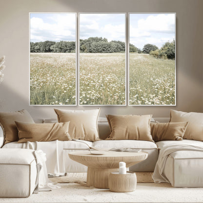 43258946-MGV-CV-36X24-Daisy Field Wall Art Canvas Print, Framed Pastel Flower Art Picture Print, Meadow Bloom Perfect Scandinavian Minimalist Decor