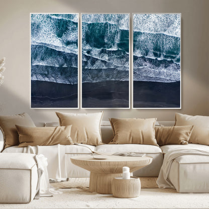 87941475-MGV-CV-36X24-Black Beach Wall Art Canvas Print, Framed Aerial Ocean Art Picture Print, Moody Coastal Perfect Modern Coastal Decor Artwork