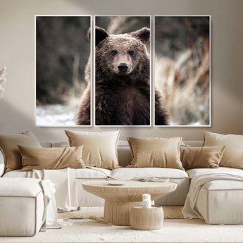 47112103-MGV-CV-36X24-Brown Bear Wall Art Canvas Print, Framed Forest Wildlife Art Picture Print, Woodland Bear Perfect Rustic Cabin Decor Artwork