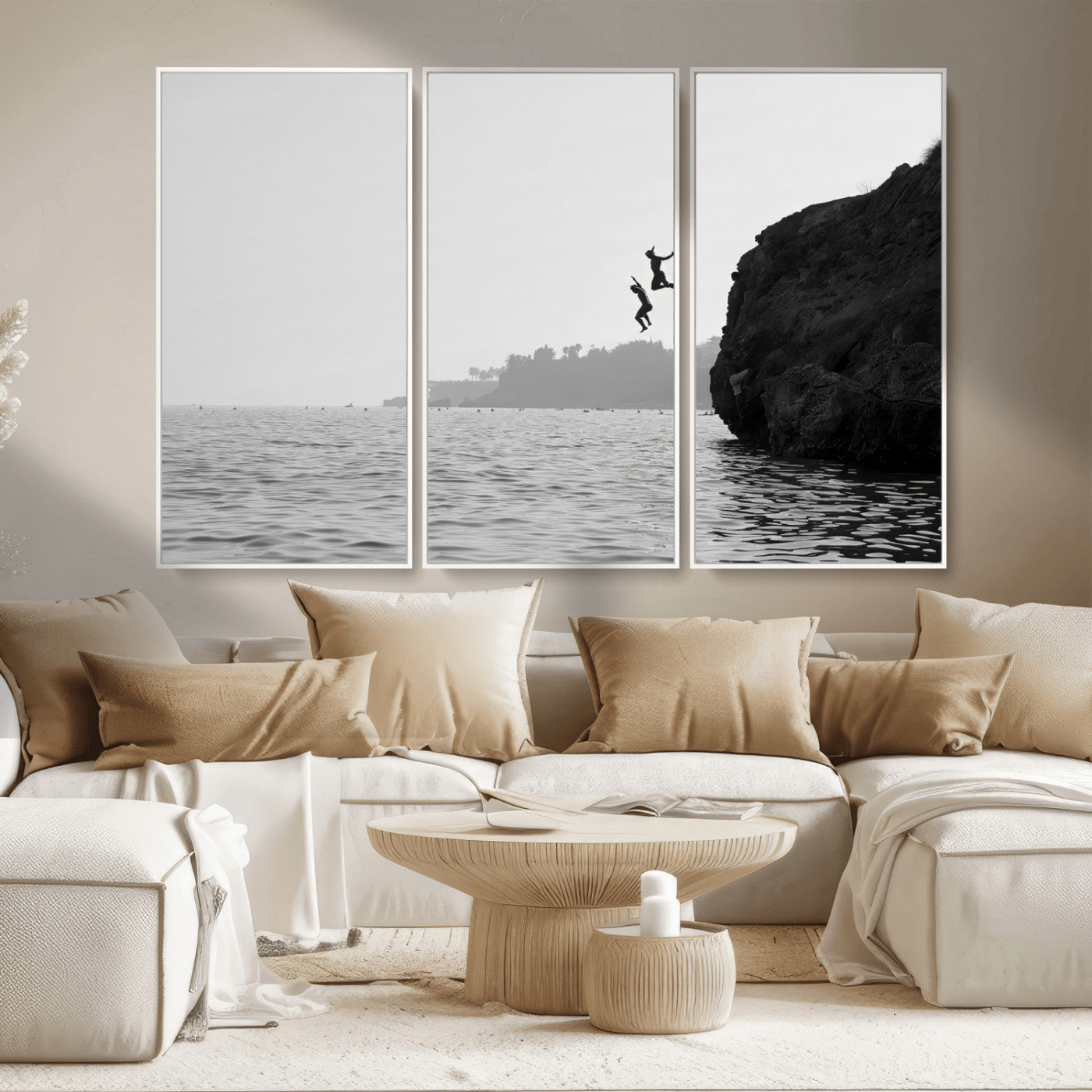 52284302-MGV-CV-36X24-Cliff Jumping Wall Art Canvas Print, Framed Ocean Adventure Art Picture Print, Black White Coast Perfect Modern Coastal Decor