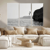 52284302-MGV-CV-36X24-Cliff Jumping Wall Art Canvas Print, Framed Ocean Adventure Art Picture Print, Black White Coast Perfect Modern Coastal Decor