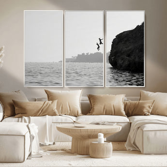 52284302-MGV-CV-36X24-Cliff Jumping Wall Art Canvas Print, Framed Ocean Adventure Art Picture Print, Black White Coast Perfect Modern Coastal Decor