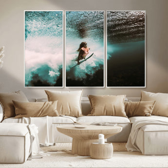 85923512-MGV-CV-36X24-Aquatic Motion Wall Art Canvas Print, Framed Underwater Swimming Art Picture Print, Female Surfer Diving Perfect Coastal Boho
