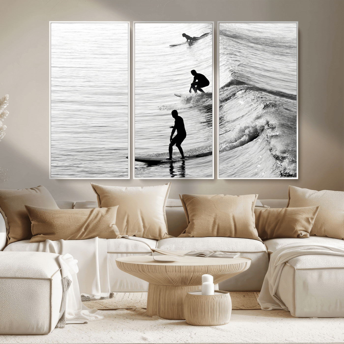 19875284-MGV-CV-36X24-Surfer Waves Wall Art Canvas Print, Framed Black White Surf Art Picture Print, Monochrome Ocean Perfect Modern Coastal Decor