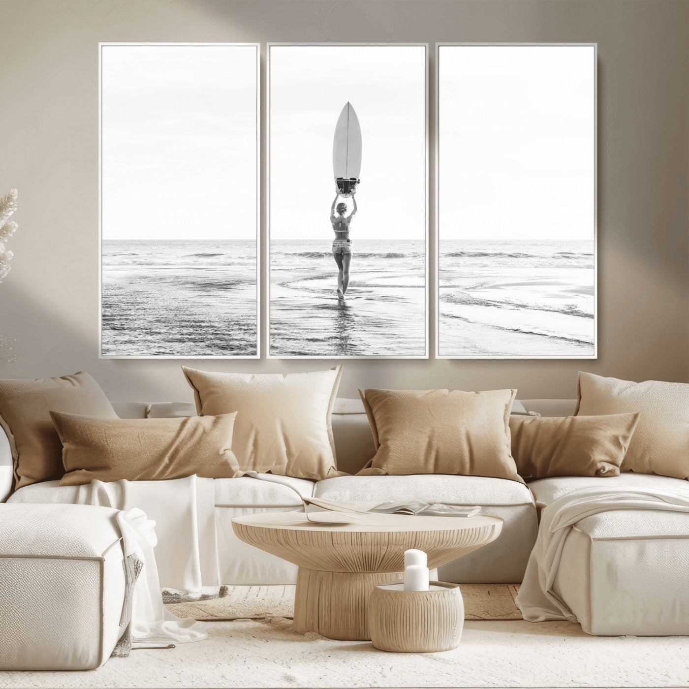 98446901-MGV-CV-36X24-Monochrome Surf Wall Art Canvas Print, Framed Minimalist Surfer Art Picture Print, Surfboard Silhouette Perfect Coastal Minimalist