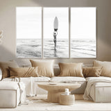 98446901-MGV-CV-36X24-Monochrome Surf Wall Art Canvas Print, Framed Minimalist Surfer Art Picture Print, Surfboard Silhouette Perfect Coastal Minimalist