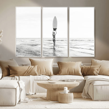 98446901-MGV-CV-36X24-Monochrome Surf Wall Art Canvas Print, Framed Minimalist Surfer Art Picture Print, Surfboard Silhouette Perfect Coastal Minimalist