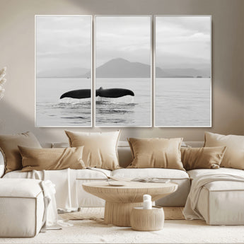 30524220-MGV-CV-36X24-Whale Tail Wall Art Canvas Print, Framed Black White Ocean Art Picture Print, Calm Marine Perfect Minimalist Coastal Decor Artwork