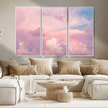 22874890-MGV-FC-48X32-3P_White-Pastel Sky Wall Art Canvas Print, Framed Dreamy Cloudscape Art Picture Print, Sunset Glow Perfect Minimalist Serenity Decor