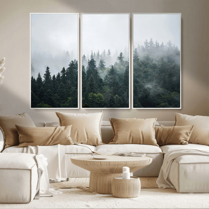 84146572-MGV-CV-36X24-Foggy Pine Trees Wall Art Canvas Print, Framed Forest Nature Art Picture Print, Evergreen Forest Perfect Scandinavian Minimalist