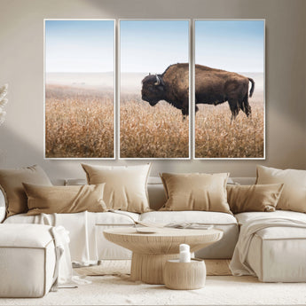 99620201-MGV-CV-36X24-Wild Bison Wall Art Canvas Print, Framed Bison in Prairie Art Picture Print, Rustic Western Perfect Rustic Western Decor Artwork